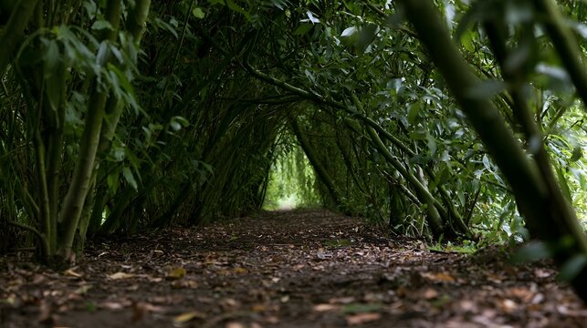 A narrow path winds through a dense tunnel of green willow branches  casting d d shadows on the leaf covered ground