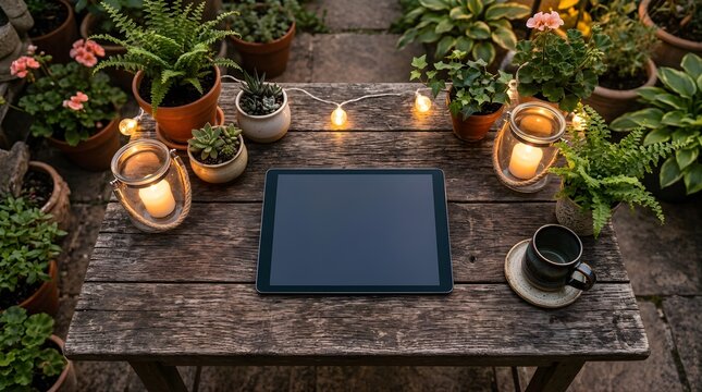 Blank digital tablet on a rustic wooden table surrounded by potted plants