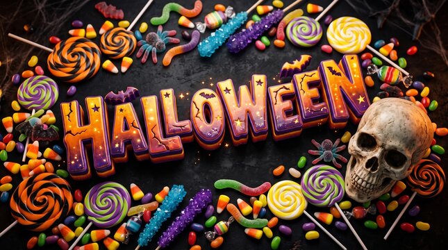 3D Halloween Typography with Festive Candy and Realistic Human Skull on Dark Texture Background for Holiday Celebration and Event Marketing Material