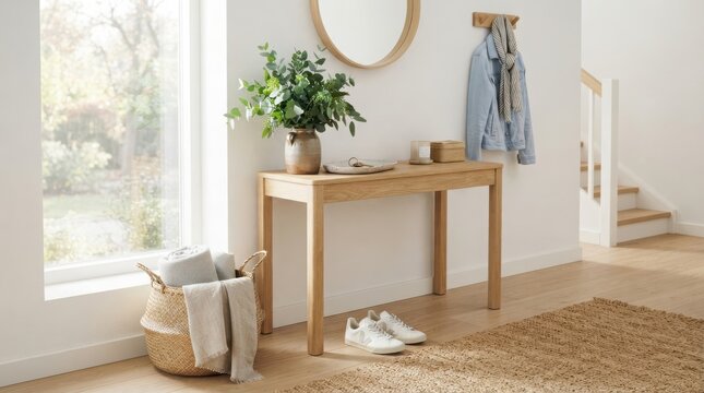 Modern wooden console table in a bright minimalist entryway with a green plant vase and a mirror on a white background
