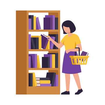 Flat vector illustration of a woman standing by a tall wooden bookshelf, choosing a book and holding a yellow shopping basket filled with items on a white background.