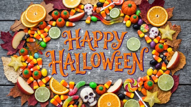 Happy Halloween Text Composition with Assorted Candy Skulls and Fresh Fruit on Rustic Weathered Wood Background for Seasonal Holiday Celebration Concept