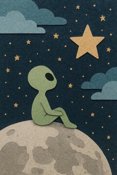 Paper-cut alien sitting on a moonlit planet under stars and clouds