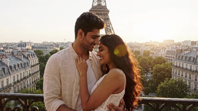 Parisian Sunset Embrace Loving Couples Romance, Affection, Happiness by Eiffel Tower Joyful Love Story in City of Light