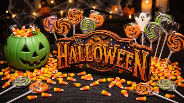 Halloween Sign with Candy Corn and Colorful Lollipops in Green Pumpkin Bucket for Spooky Holiday Celebration Festive Decor Tabletop Still Life Concept