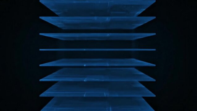 Abstract background with stacked glowing blue translucent digital layers in dark space.