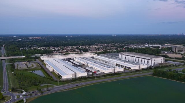 Aerial view of a Hyper scale data center during sunset in Ohio