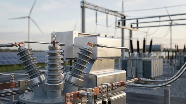 Electrical substation with transformers and insulators powered by renewable energy sources.