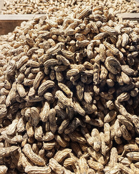 Pile of raw peanuts in shell at traditional market, natural texture background