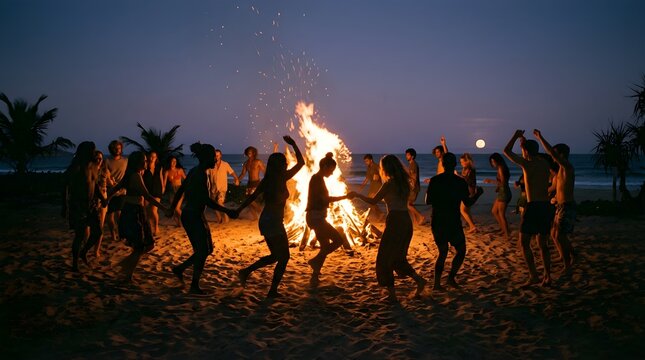 Diverse friends dancing around a beach bonfire during a summer night party