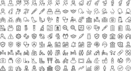 Fototapeta premium Medical healthcare and anatomy icon set featuring symptoms, diagnosis, treatment, doctors, medicine, hospital, organs, wellness and clinical care