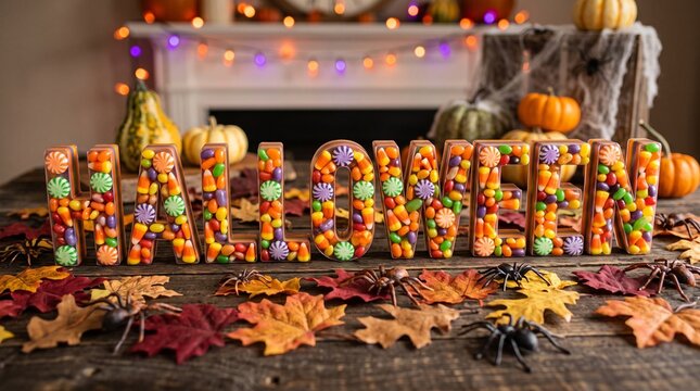 3D Halloween Typography Made of Colorful Candy and Sweets with Spiders and Autumn Foliage on Wooden Table for Holiday Celebration Party Decor Concept
