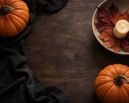 Premium Halloween Table Background with Pumpkins Candle and Autumn Leaves