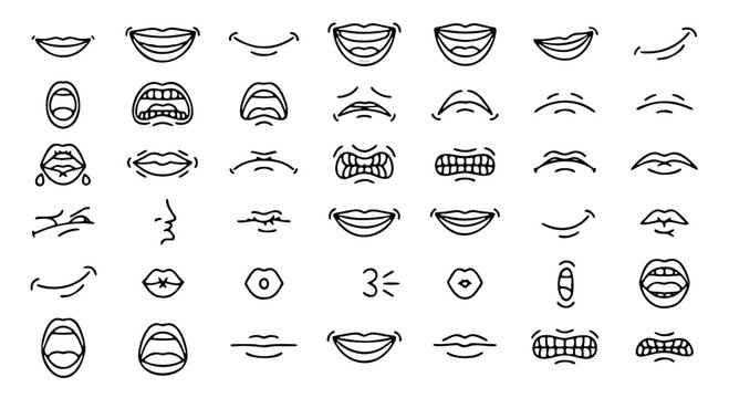 Minimalist mouth line icons, collection of 42 cartoon facial expressions. Black outline lip and smile vector set for character design.