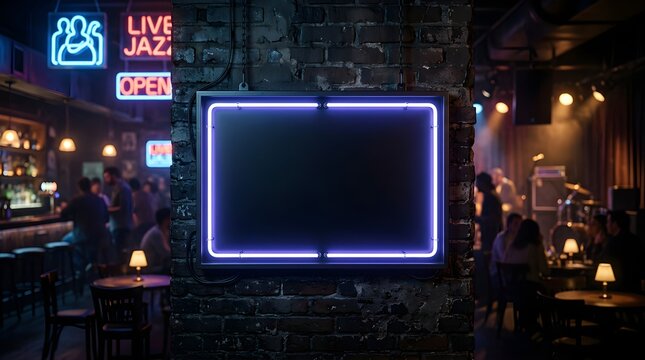 Empty glowing neon sign frame on a brick wall inside a jazz club bar