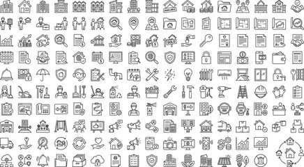 Fototapeta premium Property management and construction icon set featuring real estate, buildings, home services, renovation, architecture, maintenance, security and urban development