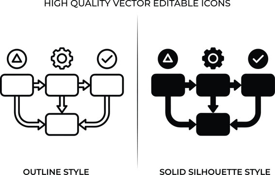 Business process icon set, outline and solid silhouette workflow diagram vector design