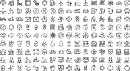 Obraz premium Renewable energy and environmental sustainability icon set featuring solar power, wind turbines, electric vehicles, recycling, green technology, clean energy and ecology