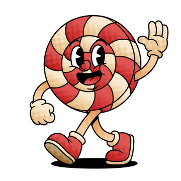 Cheerful Retro Peppermint Lollipop Character Mascot Walking And Waving Vintage Cartoon Illustration