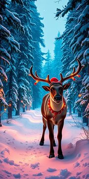 A festive reindeer leads the way through a snowy forest glade, glade, season
