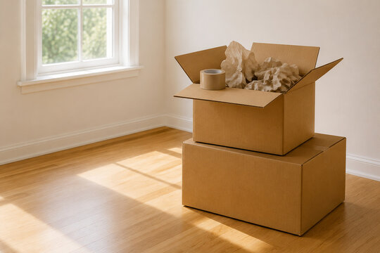 Stacked cardboard moving boxes with packing paper and tape in bright empty room