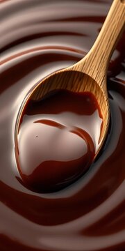 A wooden spoon resting in a pool of rich, velvety chocolate sauce, surrounded by gentle ripples, decadent, ||wooden spoon
