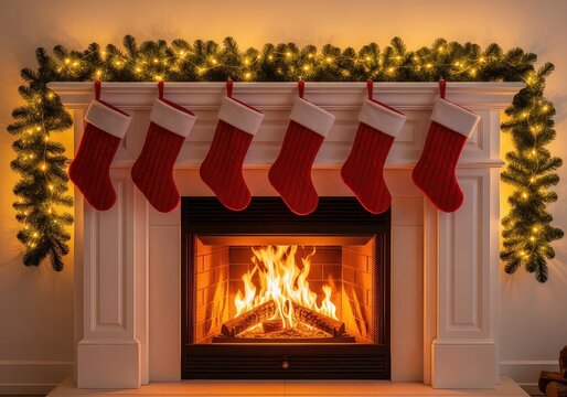 A warm glowing fireplace decorated with green pine garlands, red stockings, and sparkling lights creates a cozy winter holiday atmosphere, winter, december, ambiance