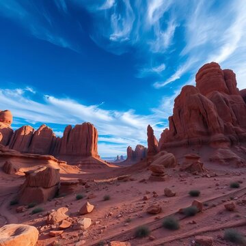 Barren rock formations stretch towards a deep blue sky, dotted with swirling clouds and distant stars, alien terrain, granite