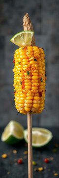 Boiled corn on a stick with cheese, chili powder, and lime wedges, cheese, ||boiled