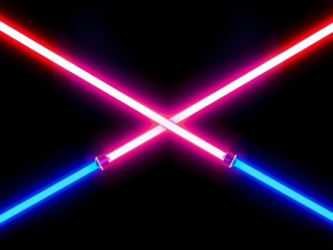 Crossed blue and red laser lightsabers forming an X shape, emitting bright light, energy, duel