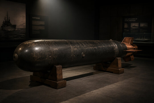 Decommissioned naval torpedo on wooden display cradles in museum, naval history concept