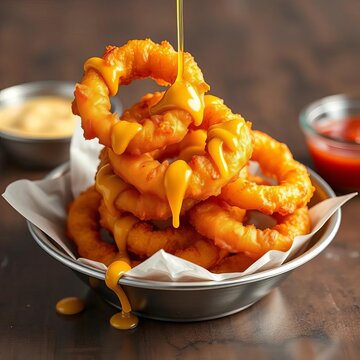 Golden Onion Rings Drizzled with Honey Mustard, honey mustard, dipping sauce