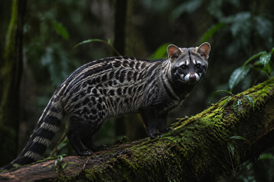 Wild African civet on mossy log in dim rainforest, spotted coat and dark face mask, wildlife and nature concept