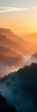 Misty mountains at sunrise, layered landscape bathed in warm golden light, hazy, cloudy