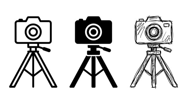 Camera on tripod evolution sketch icon set