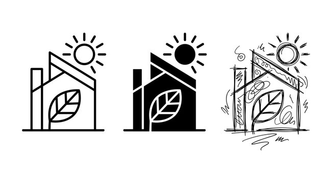 Eco house icon stages from sketch to vector