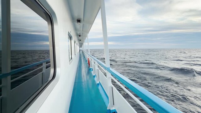 A cruise ship deck extends along open waters as the vessel sails across Lake Ladoga. Smooth glass reflects the cloudy evening sky. The calm voyage brings peaceful and serene feelings.