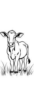 Simple black line art of a cow standing in grass on white background, outline, yellow