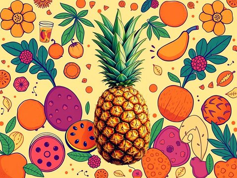 Vibrant pineapple surrounded by tropical fruit doodles on a flat exotic background with orange accents, fruit, pineapple