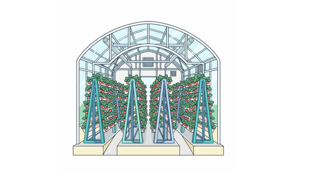 Vertical hydroponic strawberry farm inside a modern greenhouse, sustainable agriculture illustration. Modern colorful flat vector icon