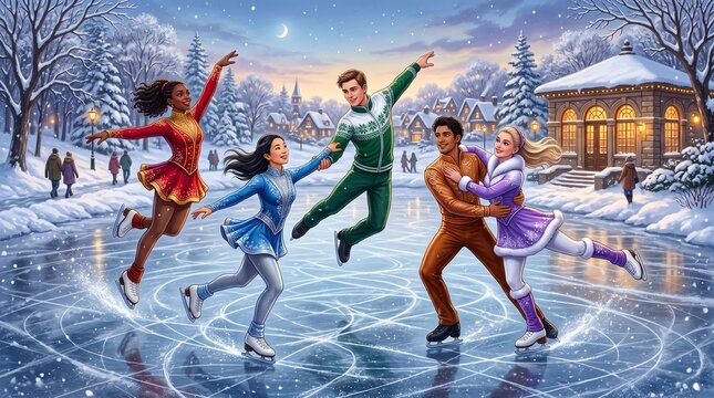 Multiethnic group of figure skaters performing dynamic routines on outdoor frozen lake illustration