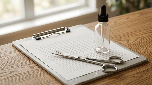 Medical professional or researcher placing surgical scissors on clipboard with small glass dropper bottle on wooden table for clinical documentation or laboratory procedure preparation and setup