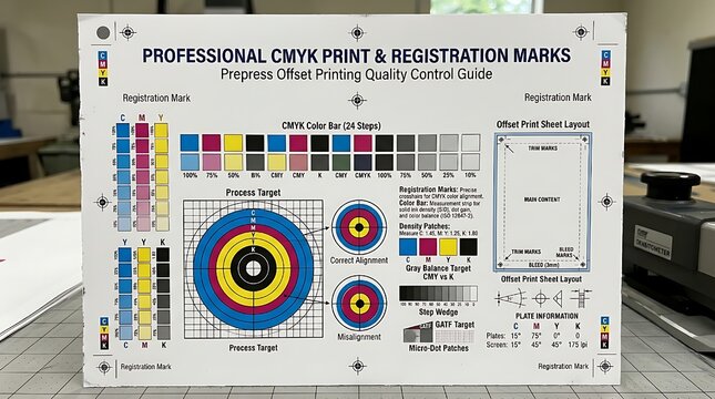 Professional CMYK Print and Registration Marks for Color Calibration and Prepress Offset Printing Quality Control
