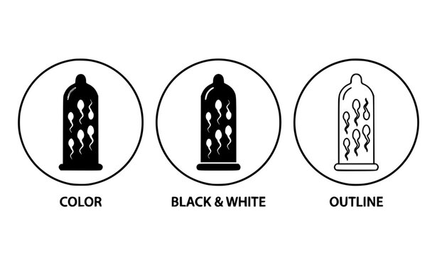 Condom with sperm cells icon set in color black and outline styles vector illustration
