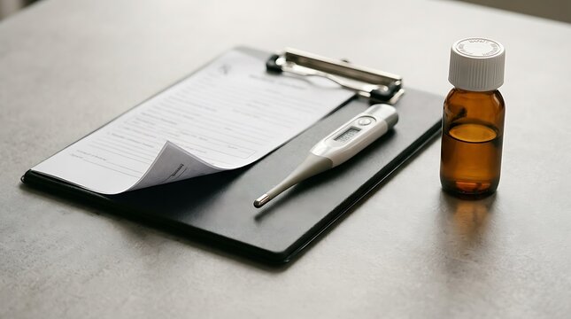 Medical professional preparing patient health records on clipboard with digital thermometer and brown medicine bottle on sterile desk for clinical checkup and health monitoring in doctor office