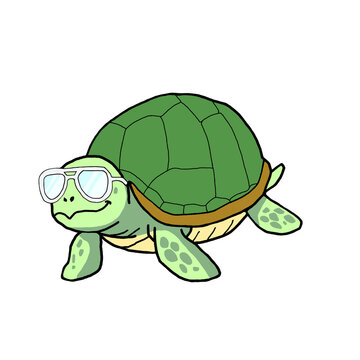 Cute Green Turtle Wearing Sunglasses Cartoon Illustration