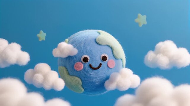 Cute Handcrafted Needle Felted Planet Earth Toy surrounded by Fluffy Wool Clouds and Stars