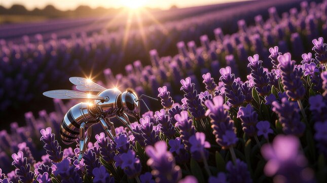 Futuristic metallic robot bee pollinating purple lavender flowers in a field during golden hour sunset.