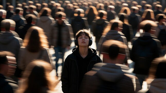 Young woman wearing headphones with eyes closed amidst a blurred crowd of people in a busy city street.