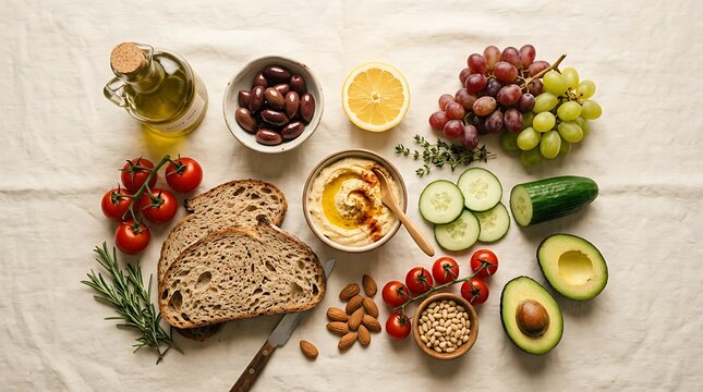 Flat lay of Mediterranean diet ingredients including sourdough bread kalamata olives hummus lemon avocado cherry tomatoes and grapes on rustic linen surface for healthy eating concept